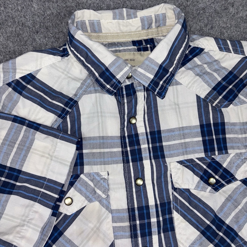Ditch Plains Pearl Snap Shirt Mens Xl Blue Plaid Short Sleeve Western Cowboy EUC